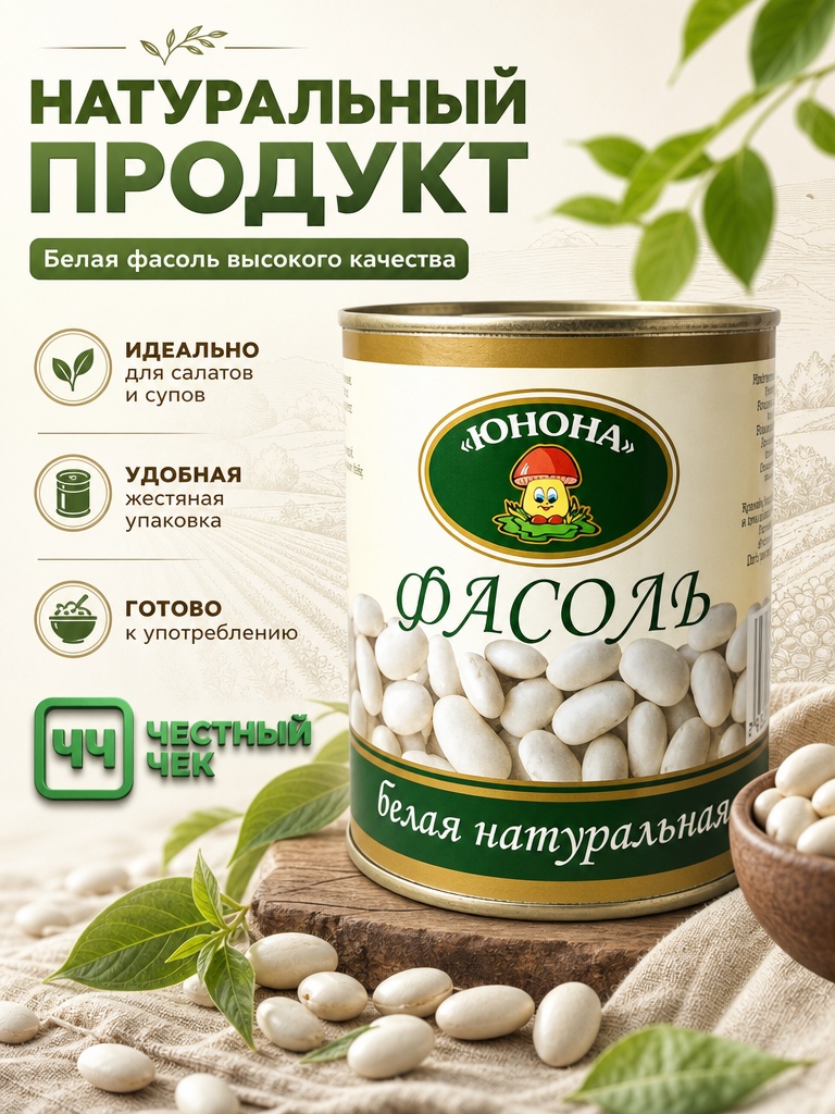 Фасоль белая натуральная 360г ж/б Юнона