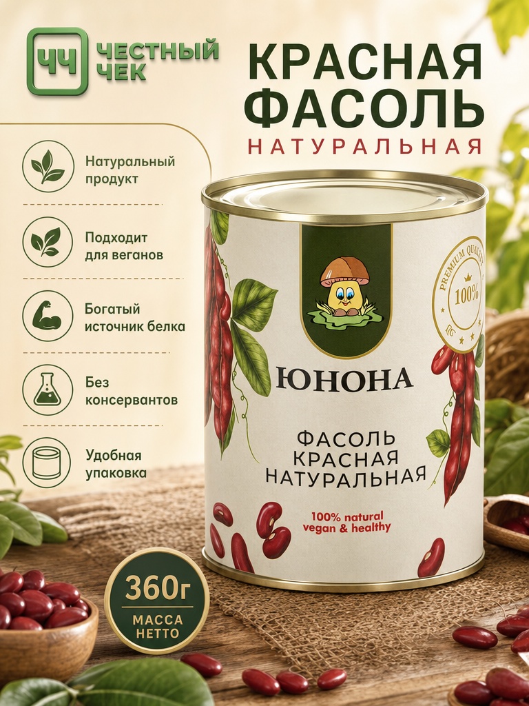 Фасоль красная натуральная 360г ж/б Юнона