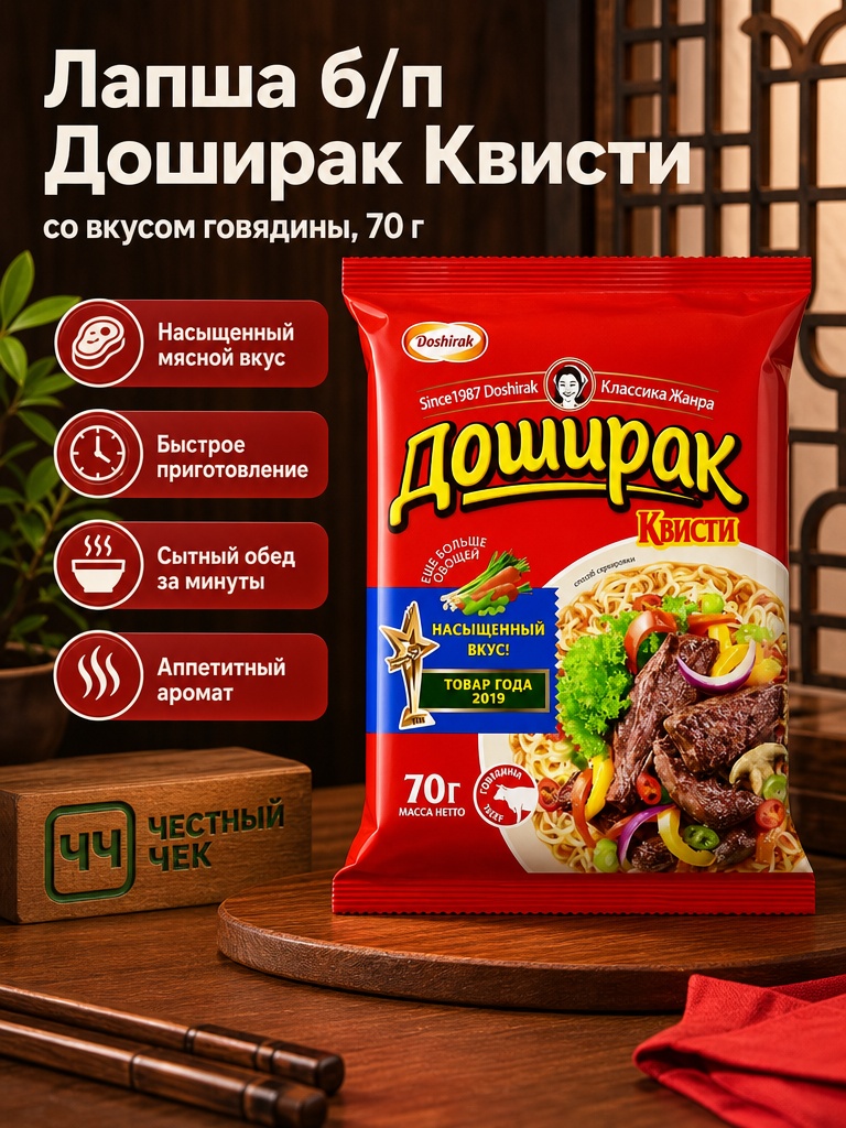 Лапша б\п "ДОШИРАК" Квисти со вкусом говядины 70гр. 