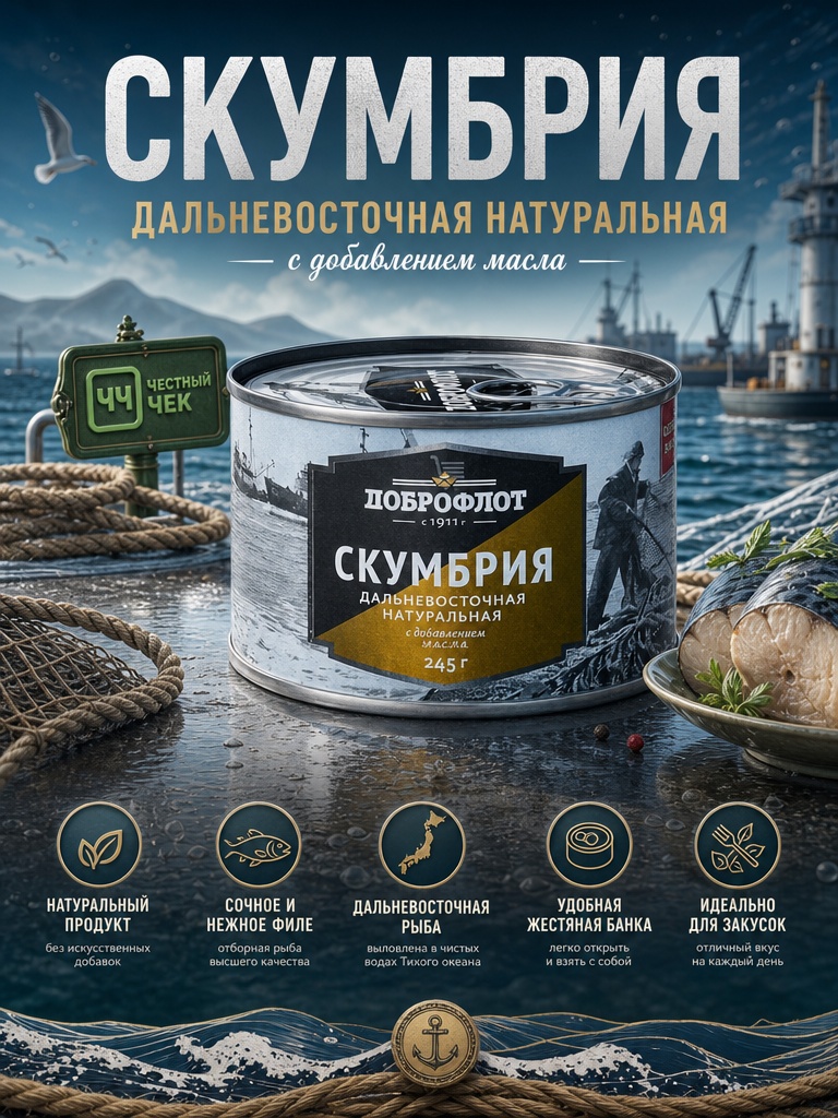 Скумбрия дальневосточная нат. 245г ж/б Доброфлот