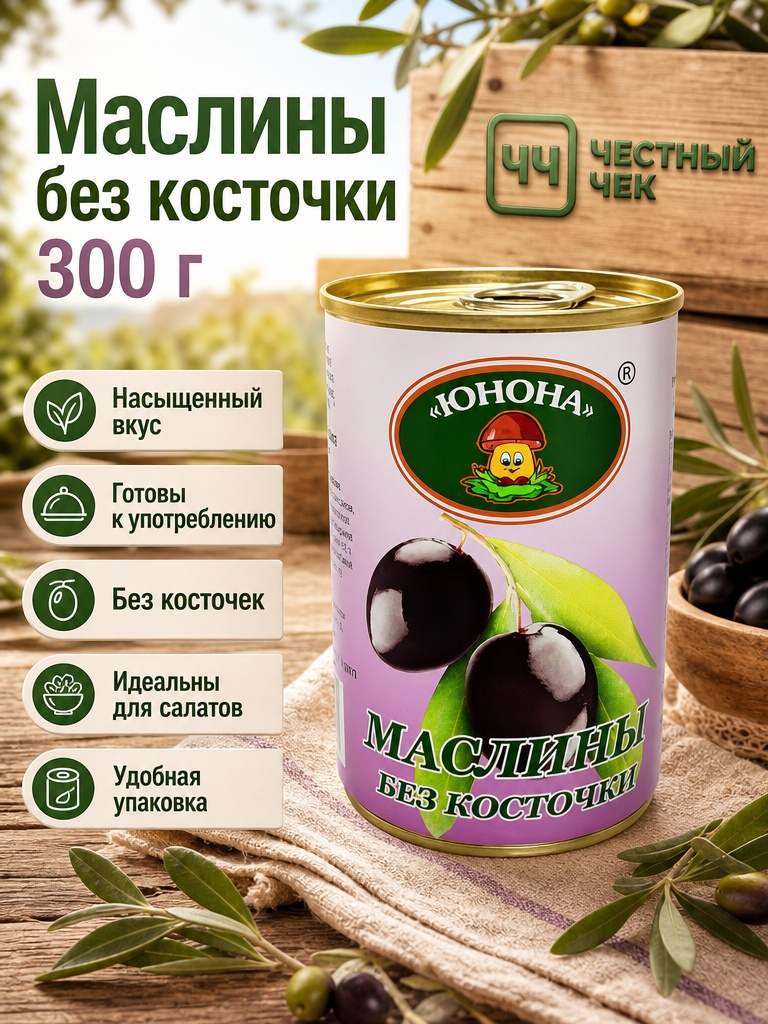 Маслины БЕЗ косточки 300г ж/б Юнона